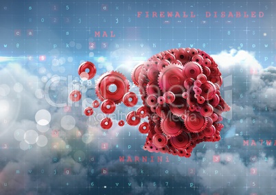 Cog head with clouds and malware firewall text