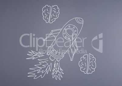 hand-drawn rocket and brain on wall