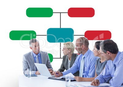 group of business people at meeting with colorful chart in back