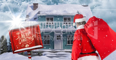 Santa Claus looking at  3d winter scenery with house