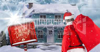 Santa Claus looking at  3d winter scenery with house