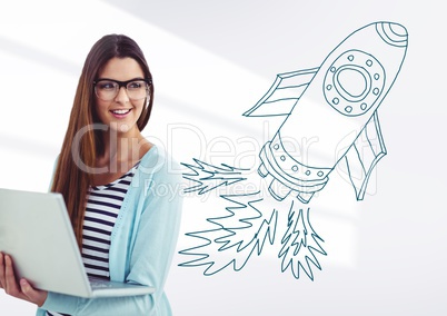 Creative woman with hand-drawn rocket