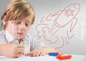 Creative child with hand-drawn rocket