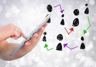Hand-drawn people profile icons with hands holding tablet Hand-drawn people profile icons with hands holding tablet