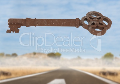 3D Rustic Key floating over desert road