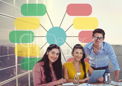 Group of casual business people with tablet aginst colorful chart and 3 d skyscraper