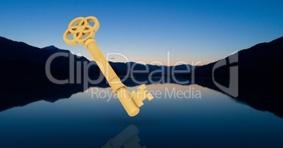 3d key against beautiful evening scenery with lake and mountains