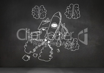 hand-drawn rocket and brains on blackboard