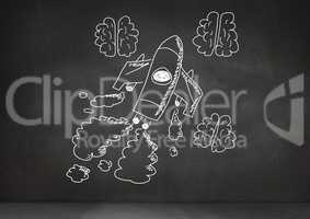 hand-drawn rocket and brains on blackboard