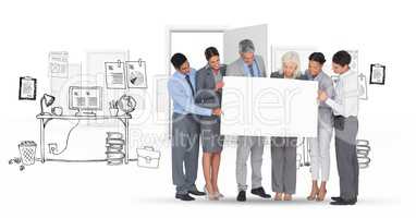 Group of business people with blank card  against office doodles