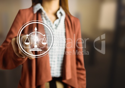 businesswoman pointing at justice icon