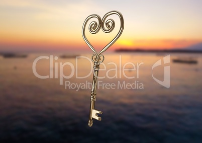 3D Heart Key floating over sea