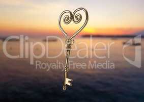3D Heart Key floating over sea