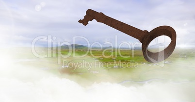 3D Rustic Key floating over landscape