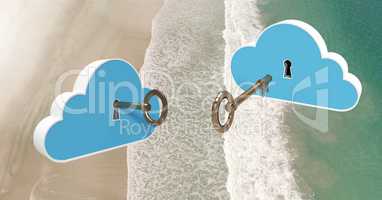 3D Key clouds floating over beach