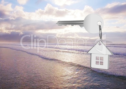 3D House key floating over sea