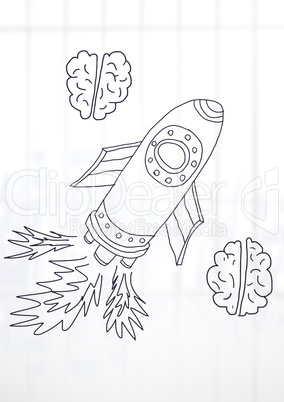 hand-drawn rocket and brain with bright background