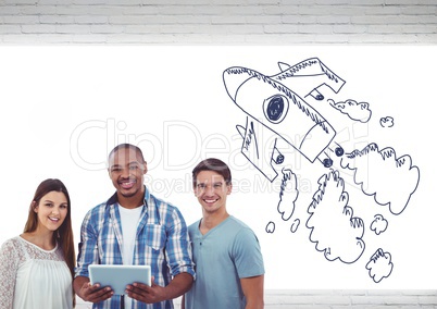 Creative people with hand-drawn rocket