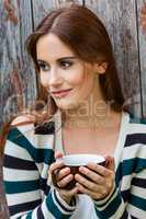 Beautiful Young Woman Girl Drinking Tea or Coffee