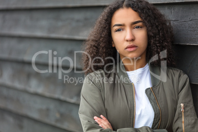 Sad Mixed Race African American Teenager Woman Green Bomber Jack