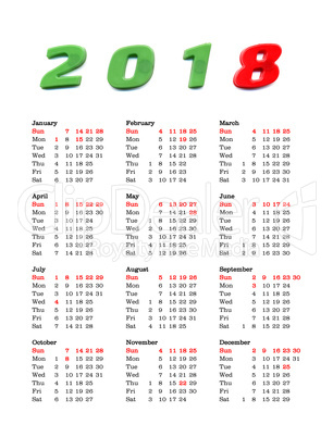 year 2018 calendar - United States Of America