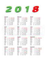 year 2018 calendar - United States Of America