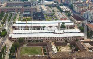 Aerial view of OGR (Officine Grandi Riparazioni) train repair shop in Turin