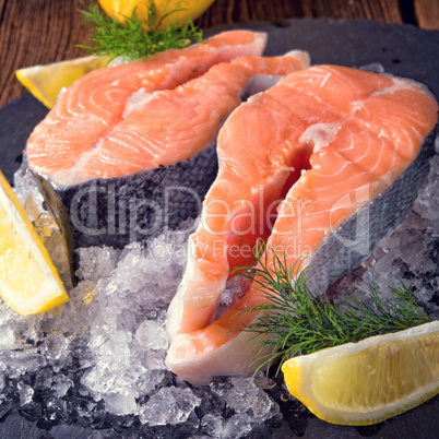 fresh raw salmon on ice