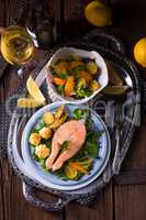 salmon with butter fried potato puree and salad
