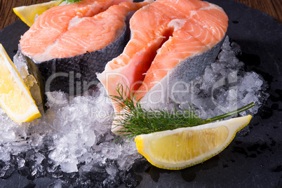 fresh raw salmon on ice