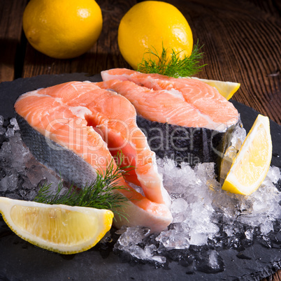 fresh raw salmon on ice