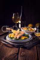 salmon with butter fried potato puree and salad