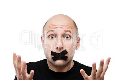 Scared adult man adhesive tape closed mouth