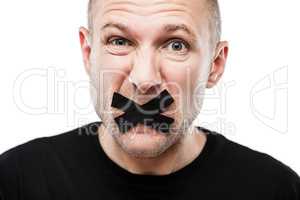Scared adult man adhesive tape closed mouth