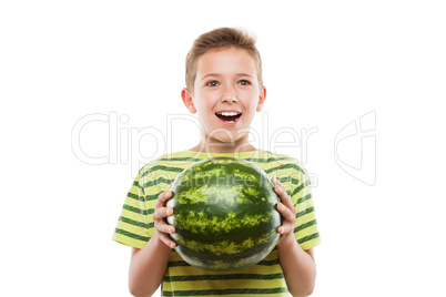 Handsome smiling child boy holding green watermelon fruit