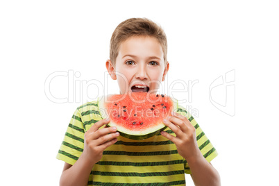 Handsome smiling child boy holding red watermelon fruit slice