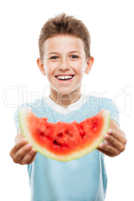 Handsome smiling child boy holding red watermelon fruit slice