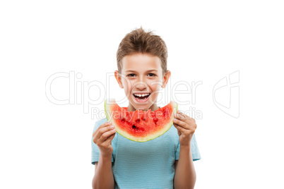 Handsome smiling child boy holding red watermelon fruit slice