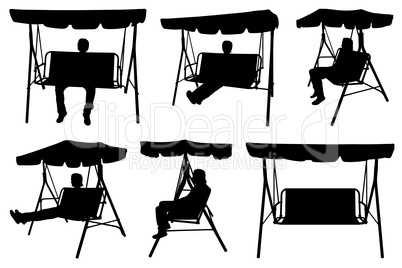 Set of different garden swings with people