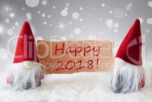 Red Gnomes With Card And Snow, Text Happy 2018
