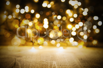 Christmas Golden Lights Background, Party Or Celebration Texture With Wood