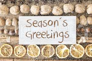 Christmas Food Flat Lay, Text Seasons Greetings, Snowflakes