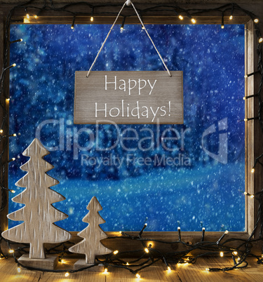 Window, Winter Forest, Text Happy Holidays