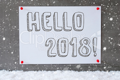 Label On Cement Wall, Snowflakes, Text Hello 2018