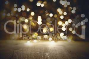 Golden Christmas Lights Background, Party Or Disco Texture With Wood