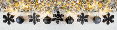 Black Christmas Banner, White Wood, Bokeh