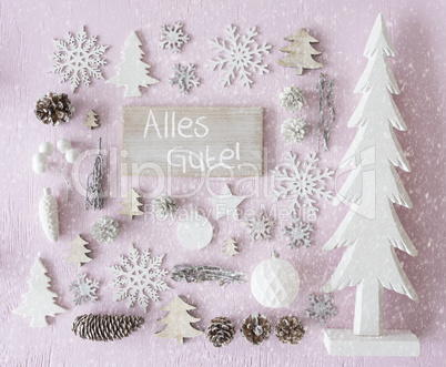Christmas Decoration, Flat Lay, Alles Gute Means Best Wishes, Snowflakes