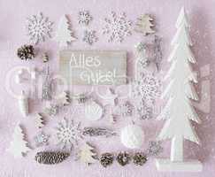 Christmas Decoration, Flat Lay, Alles Gute Means Best Wishes, Snowflakes