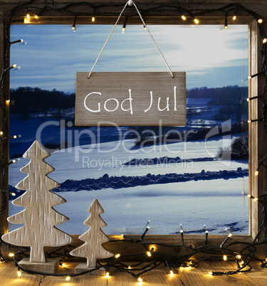 Window, Winter Landscape, God Jul Means Merry Christmas