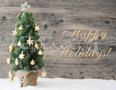 Golden Decorated Christmas Tree, Text Happy Holidays